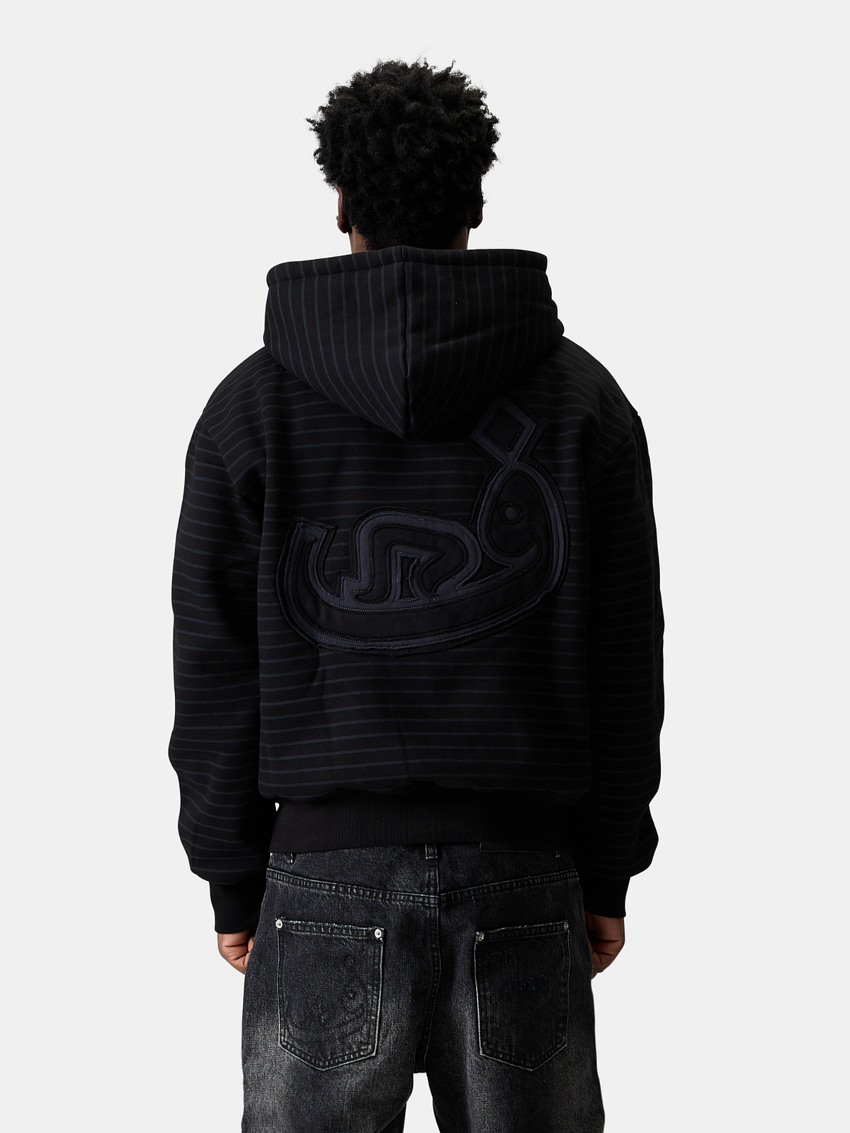 Zip Hoodie Rayé Effiloché - Noir
