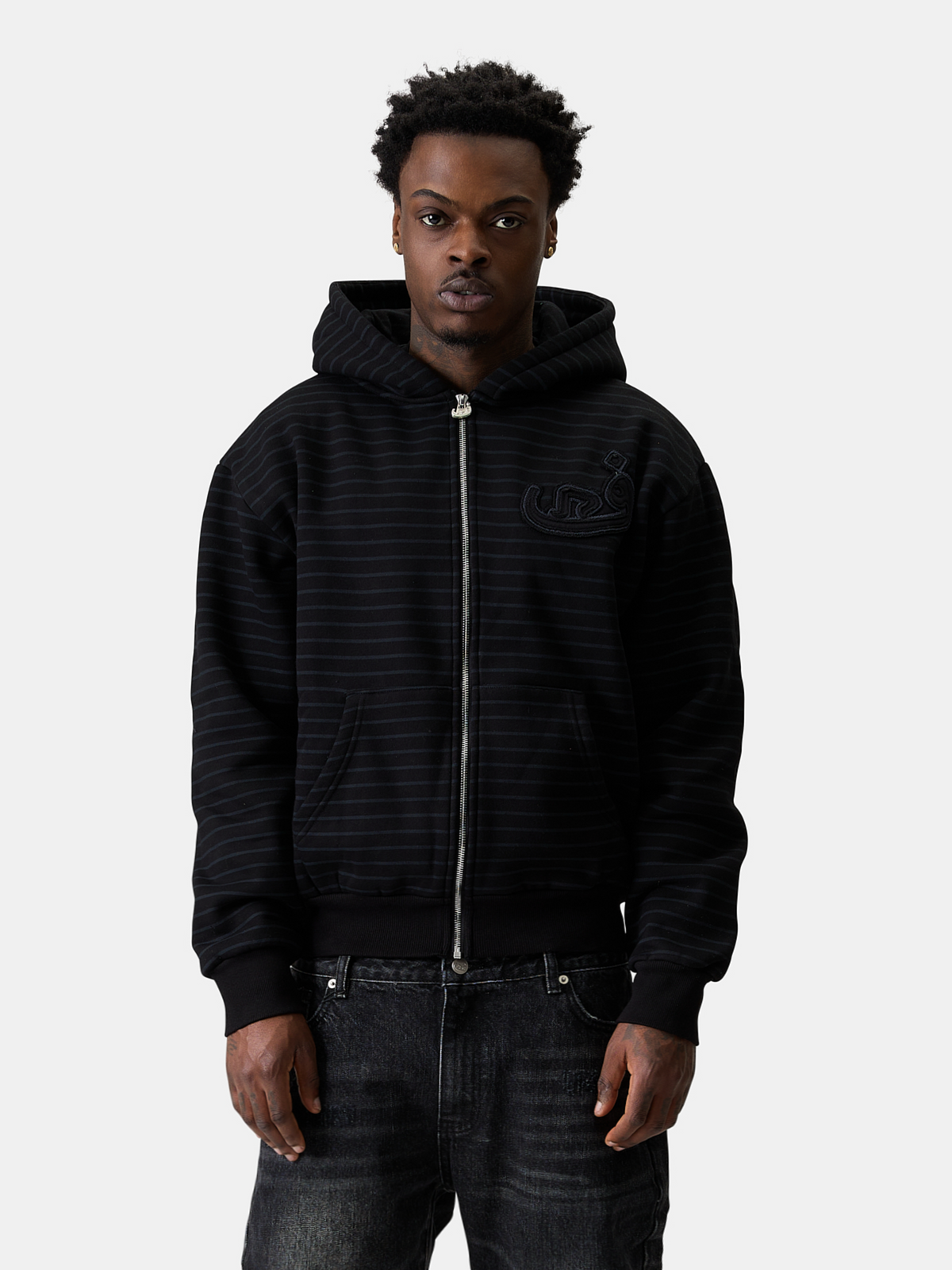 Zip Hoodie Rayé Effiloché - Noir