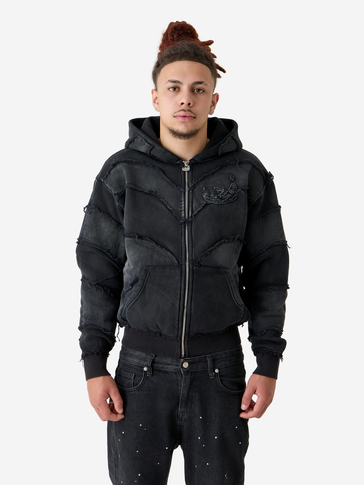 Zip Hoodie Effiloché 808 - Noir